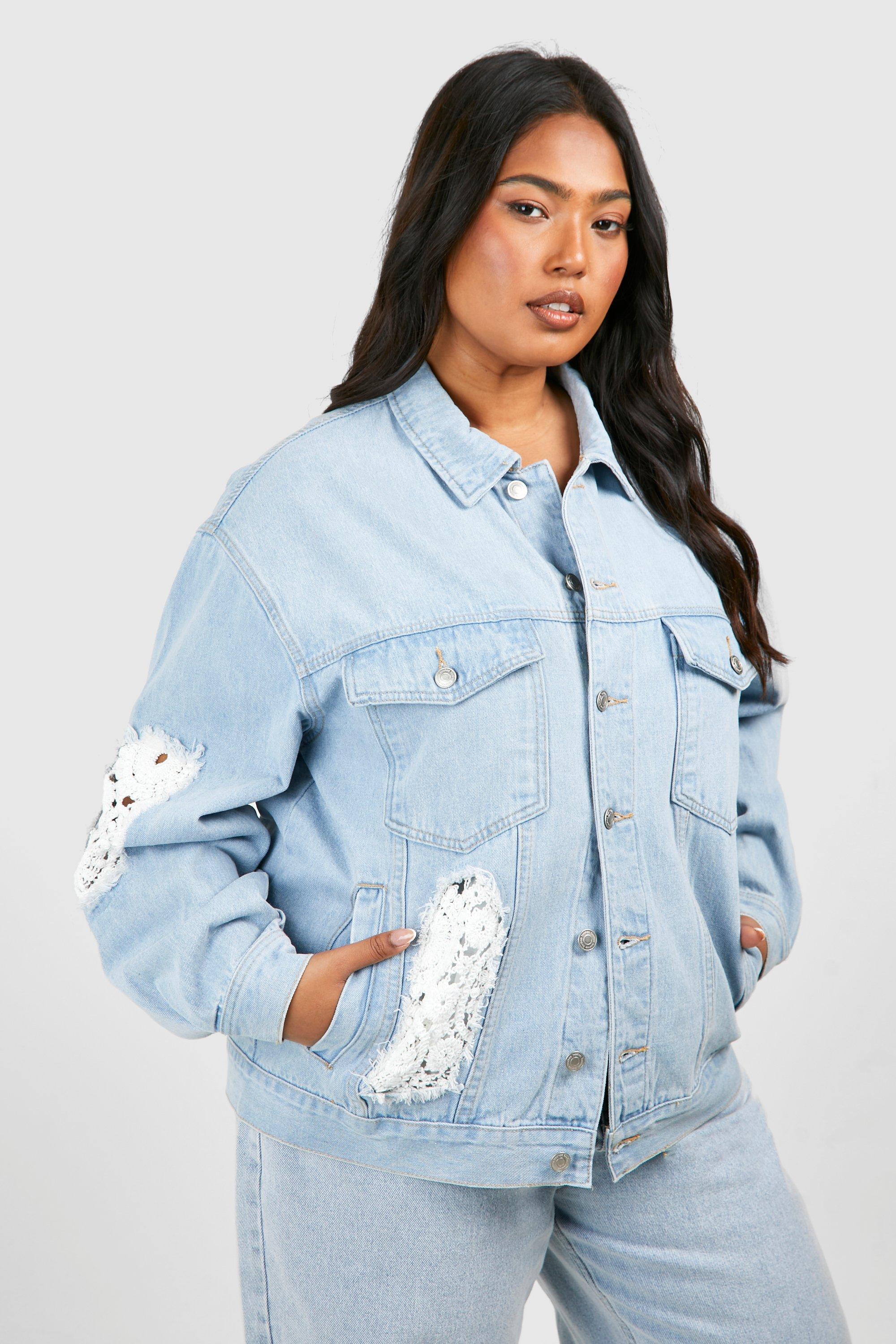 Womens Plus Crochet Mix Oversized Denim Jacket - Blue - 18, Blue